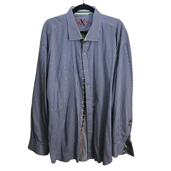 Robert Graham 100% Cotton Blue Striped Plaid Trim Button Down Shirt Size 4XL - Picture 1 of 9